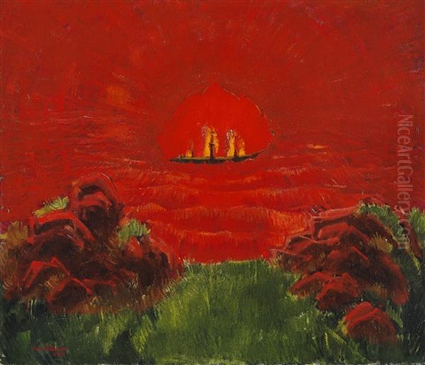 Seascape With Burning Ship Oil Painting by Ernst Johan Zeuthen