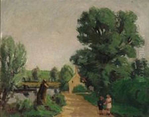 View From Gentofte With Two Children And Verso Composition With People Oil Painting by Ernst Johan Zeuthen