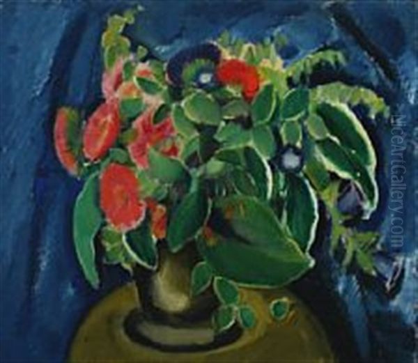 Still Life With Flowers On A Blue Background Oil Painting by Ernst Johan Zeuthen