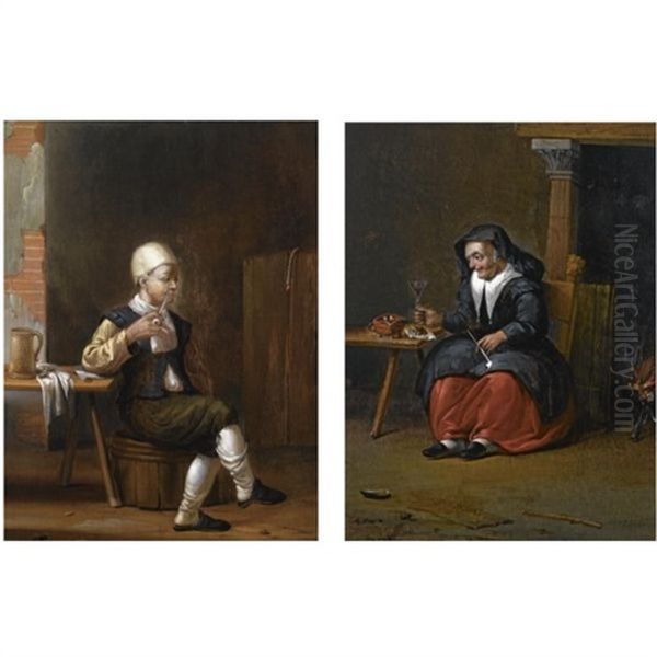 A Man Sitting At A Table And Smoking In An Inn ( + An Elderly Woman Smoking And Holding A Wine Glass In An Inn; Pair) Oil Painting by Francois Paludanus Zevenbergen