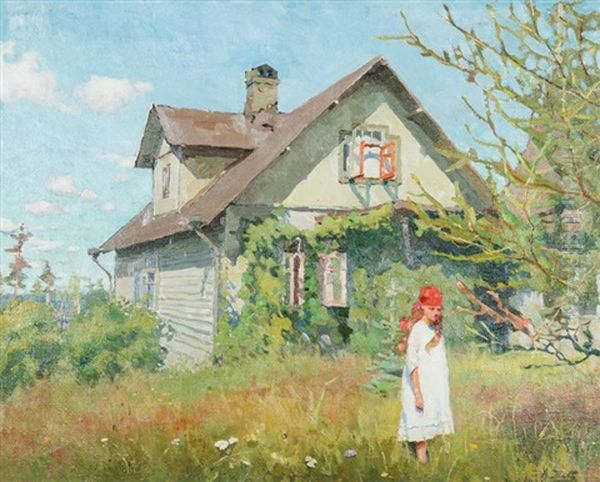 L'ete A La Campagne Pres De St. Petersbourg (jeune Fille Dans Le Jardin) Oil Painting by Alfons Konstantinovich Zhaba