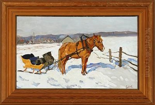 Winter Landscape With A Horse And Sledge Oil Painting by Alfons Konstantinovich Zhaba