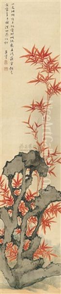 Bamboo And Rock Oil Painting by  Zhai Jichang