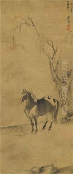 Horse In The Willow Shade Oil Painting by  Zhang Mu