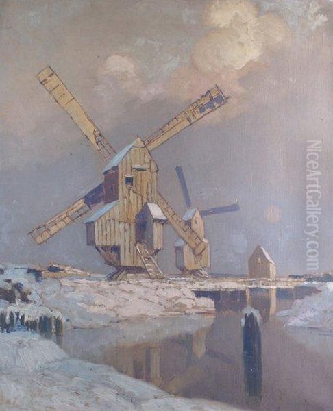 Les Moulins A Vent Oil Painting by Leon Broquet