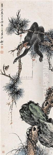 Pine And Monkey Oil Painting by  Zhang Wentao