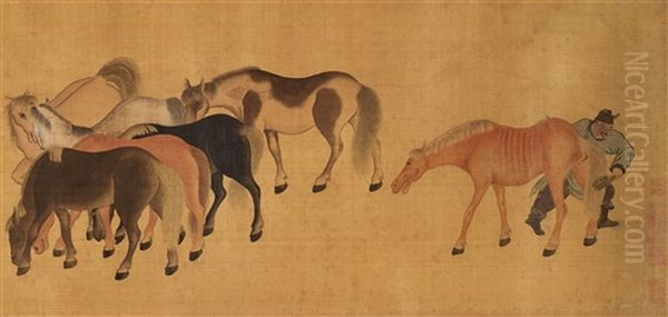 One Hundred Horses Oil Painting by  Zhao Mengfu