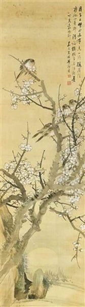 Plum Blossoms And Birds Oil Painting by  Zhu Cheng