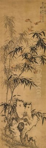 Bamboo, Rock And Sparrows Oil Painting by  Zhu Sheng