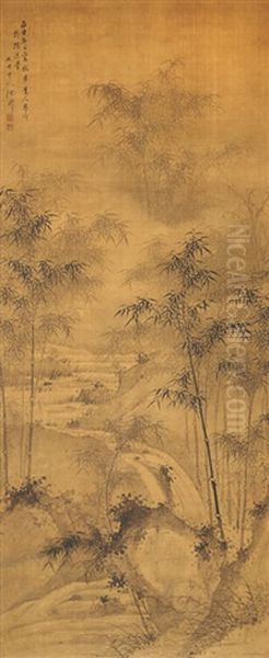 Stream And Rocks In Bamboo Grove Oil Painting by  Zhu Sheng