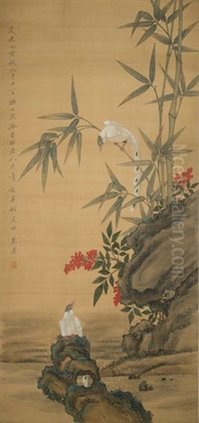 Bamboo, Rock And Birds Oil Painting by  Zhu Ying