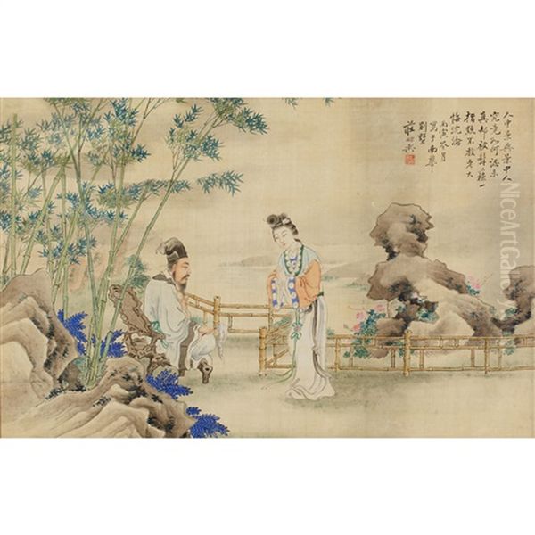 Lady And Scholar In A Garden Oil Painting by  Zhuang Shuyu