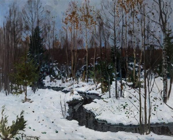 Forest Creek In Winter Oil Painting by Stanislav Yulianovich Zhukovsky