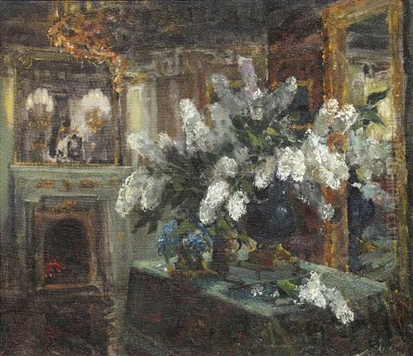 Interior Scene With Flowers, 1928 Oil Painting by Stanislav Yulianovich Zhukovsky