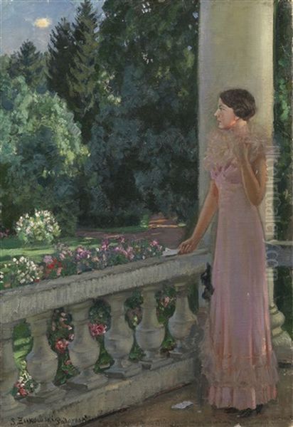 Lady On A Balcony, Podorosk Estate, Belarus Oil Painting by Stanislav Yulianovich Zhukovsky