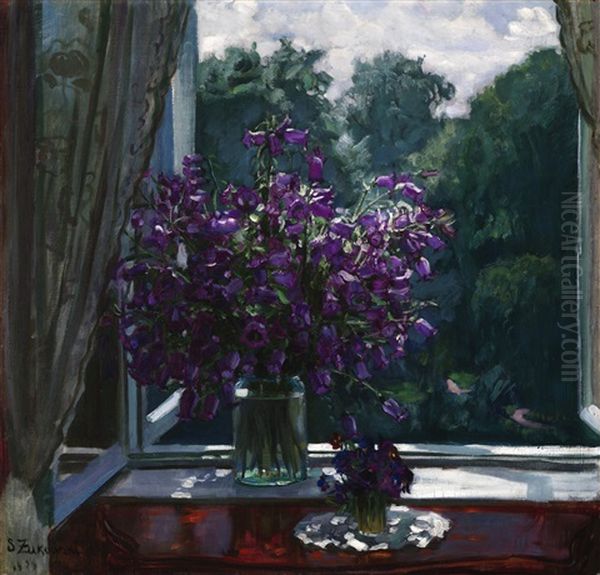 Bluebells By The Window Oil Painting by Stanislav Yulianovich Zhukovsky