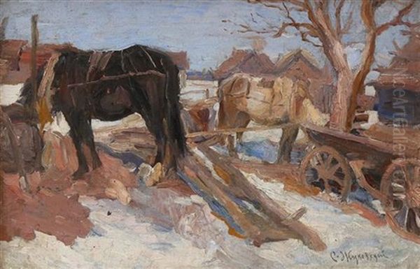 Horse Carriage In A Snowy Landscape Oil Painting by Stanislav Yulianovich Zhukovsky