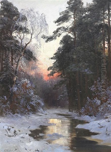 Winter Sunset On A Stream Oil Painting by Stanislav Yulianovich Zhukovsky