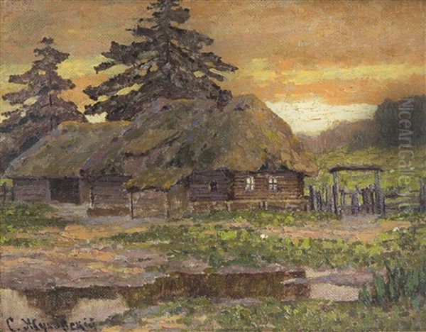 Sunset In The Village Oil Painting by Stanislav Yulianovich Zhukovsky