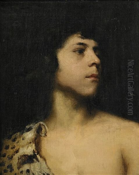 Boy With A Leopard Skin Oil Painting by Mihaly von Zichy