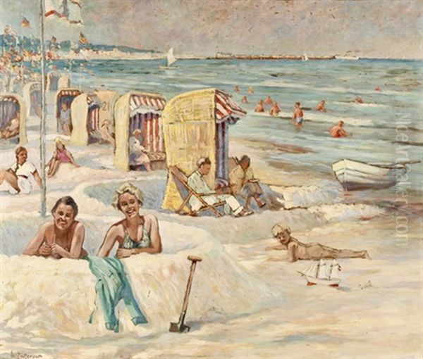 Strandszene Mit Strandkorben Mit Blick Auf Ahlbeck Auf Usedom Oil Painting by Walter Zickerow