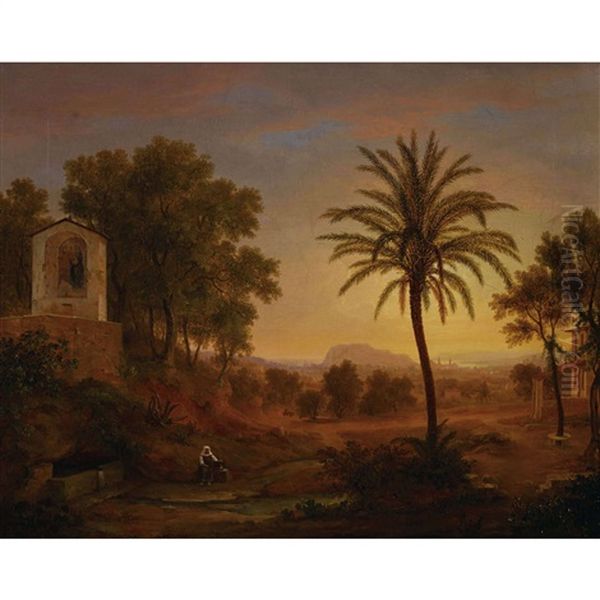 Sudliche Landschaft Im Abendrot Mit Bauerin Oil Painting by Hans Salomon Ziegler