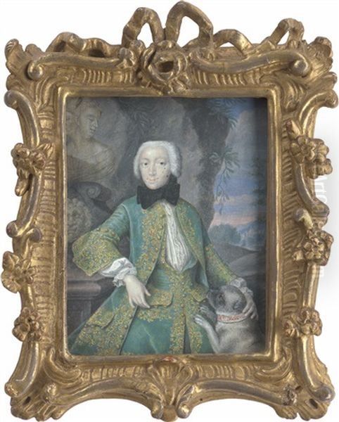 Anna Sophia Christina, Grafin Von Erbach (1708 - 1759), In Grunem Jagdkostum, Mit Mops Oil Painting by Johann Ziegler