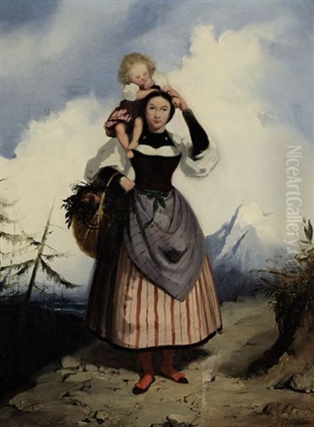 Mutter Mit Kind Auf Einem Gebirgspfad Oil Painting by Josef Ziegler