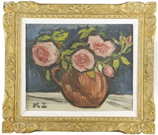 Roses In A Vase Oil Painting by Kazimierz Zieleniewski