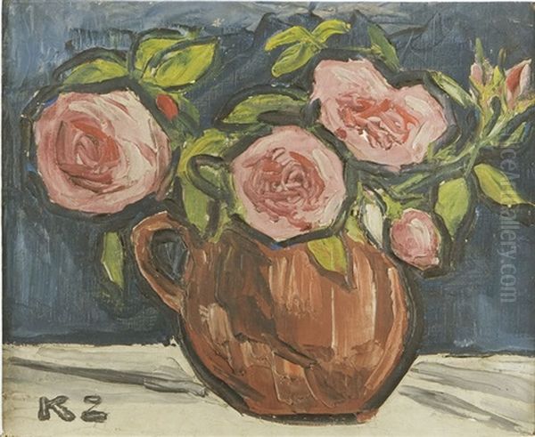 Roses In Vase Oil Painting by Kazimierz Zieleniewski