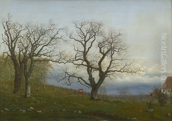 Herbstlandschaft Mit Spazierganger, Im Hintergrund Unwetterstimmung Uber Dem Oresund Oil Painting by Heinrich Christian Johann Zierck