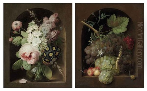 Roses, Hyacinth And Other Flowers In A Glass Vase In A Stone Niche (+ Grapes, Cherries And Wheat With A Snail In A Stone Niche; Pair) Oil Painting by Georges Frederic Ziesel