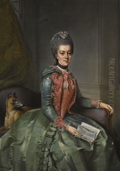 Portrait Of Frederika Sophia Wilhelmina Of Prussia, Princess Of Orange (1751-1820), Three-quarter-length Seated, In A Green Dress With Red Bodice, Holding An Open Book, With Her Dog Oil Painting by Johann Georg Ziesenis