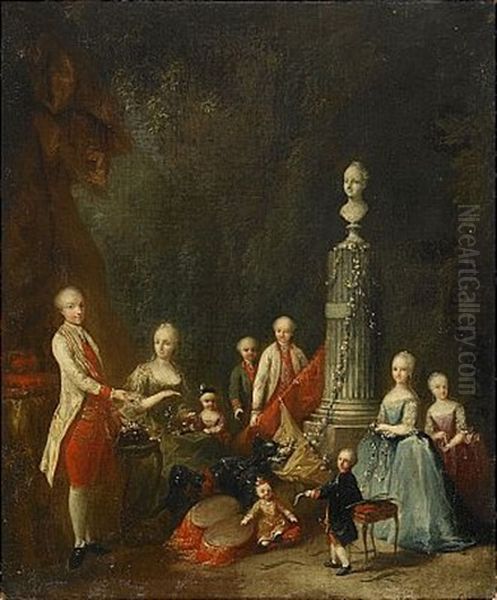 Portratt Av Kejsarinnan Maria Theresia Av Osterrike Och Hennes Son Den Samregerande Kejsaren Josef Ii Samt Flera Av Hennes Ovriga Barn Oil Painting by Johann Georg Ziesenis