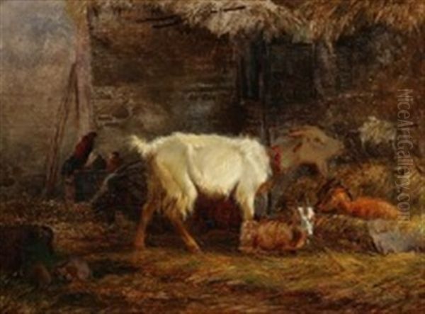 Stable Interior With Goats, Rabbits And Chickens Oil Painting by Vilhelm (Joh. V.) Zillen