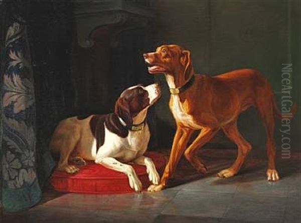 Two Hunting Dogs, One With A Crowned Monogram Ff On It's Collar For Frederik Viii by Vilhelm (Joh. V.) Zillen