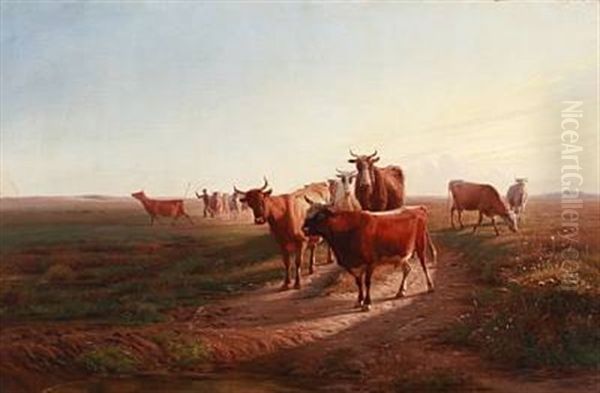 A Shepherd With His Cattle On A Field Oil Painting by Vilhelm (Joh. V.) Zillen