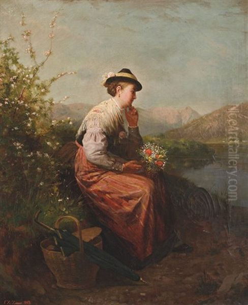 Dirndl Mit Blumenstraus, Am Seeufer Rastend by Franz Xaver Zimmer