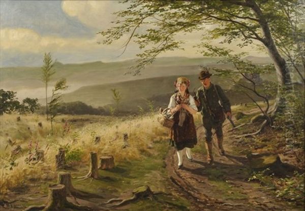 Landschaft Im Thuringer Wald: Jager Und Junge Frau In Tracht Im Gesprach Einen Hohenweg Entlanglaufend Oil Painting by Wilhelm Carl August Zimmer