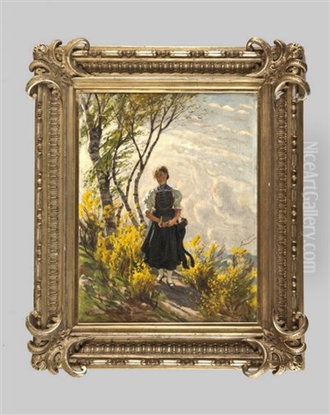 Junge Frau In Suddeutscher Tracht Mit Buch In Den Handen Beim Gang Durch Eine Hugelige Fruhlingslandschaft Oil Painting by Wilhelm Carl August Zimmer