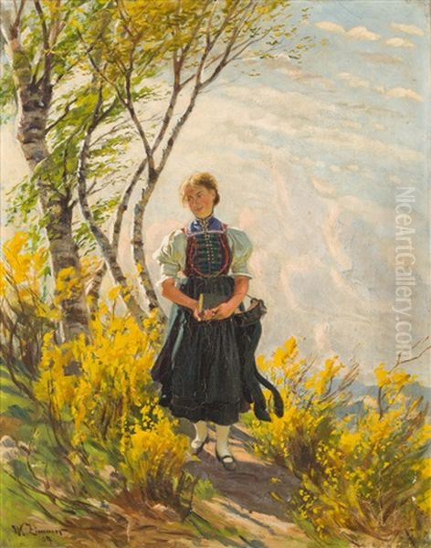 Madchen Auf Dem Heimweg Im Bluhenden Ginster Oil Painting by Wilhelm Carl August Zimmer