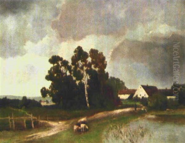 Landschaft Mit Gehoft Und Schafen Am Wegrand Oil Painting by Alfred Zimmermann