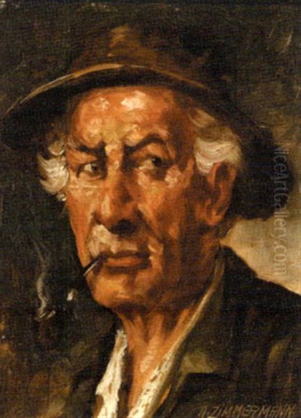 Elderly Man With A Pipe Oil Painting by Alfred Zimmermann