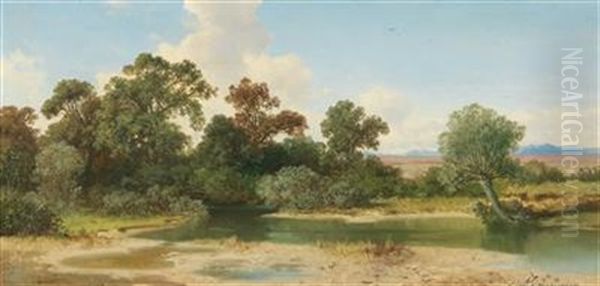 Open Landscape With The Alpine Foothills And Stream Oil Painting by August Albert Zimmermann