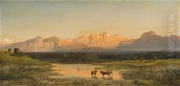 Early Evening In The Alpine Foothills Oil Painting by August Albert Zimmermann