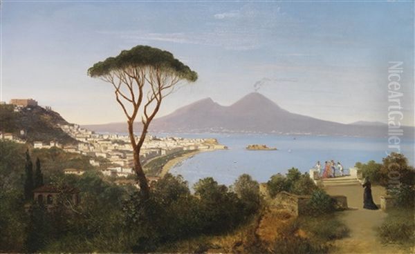 Blick Vom Posillipo Auf Die Weite Bucht Von Neapel Mit Rauchendem Vesuv Oil Painting by August Albert Zimmermann