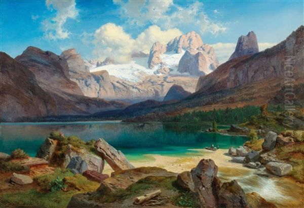 Lake Gosau With A View Of The Dachstein Massif Oil Painting by August Albert Zimmermann