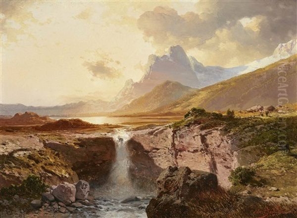 A Mountain Lake With A Waterfall At Sunset Oil Painting by August Albert Zimmermann