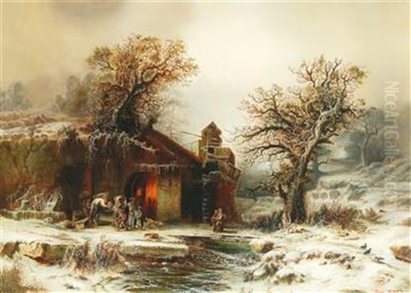 Winter Landscape With Forge Oil Painting by August Richard Zimmermann