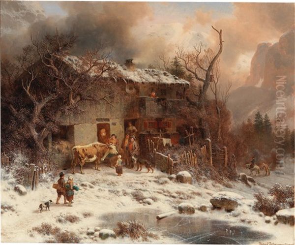 Winter Landscape,  Arrival Of The Visitor Oil Painting by August Richard Zimmermann